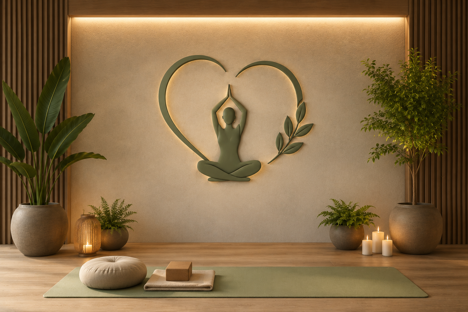 A serene yoga and meditation studio with heart-shaped wall art, plants and candles
